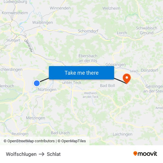 Wolfschlugen to Schlat map