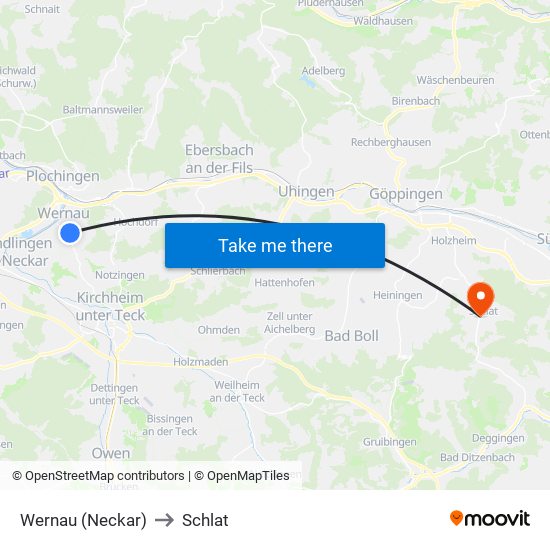 Wernau (Neckar) to Schlat map