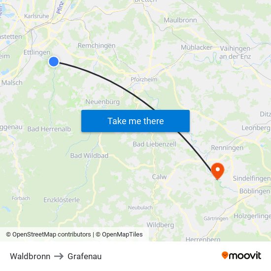 Waldbronn to Grafenau map