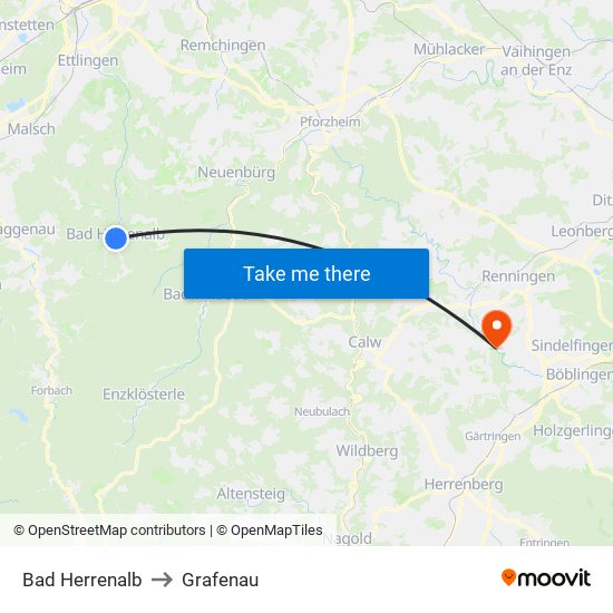 Bad Herrenalb to Grafenau map