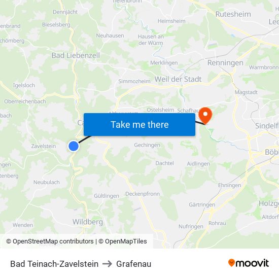 Bad Teinach-Zavelstein to Grafenau map