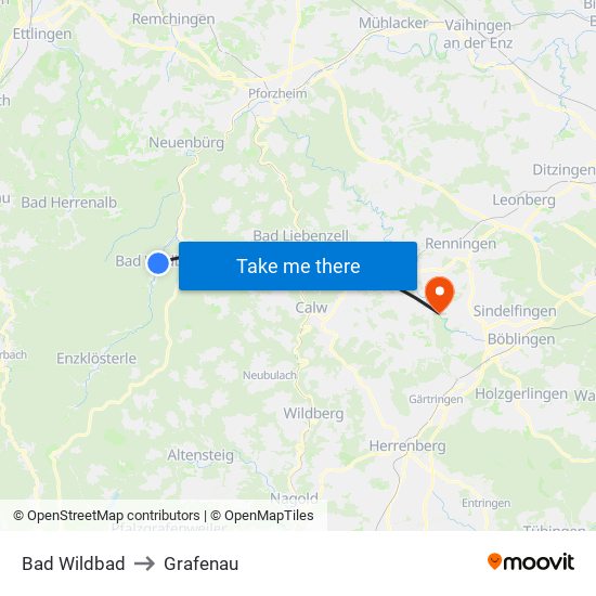 Bad Wildbad to Grafenau map