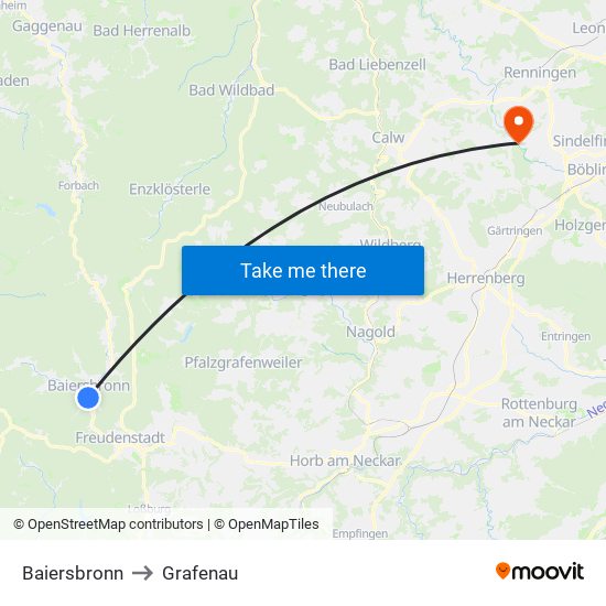 Baiersbronn to Grafenau map