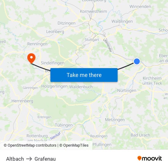 Altbach to Grafenau map
