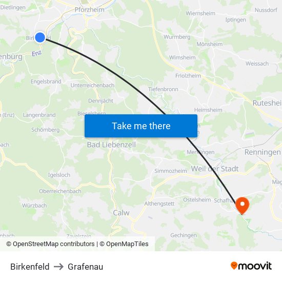 Birkenfeld to Grafenau map