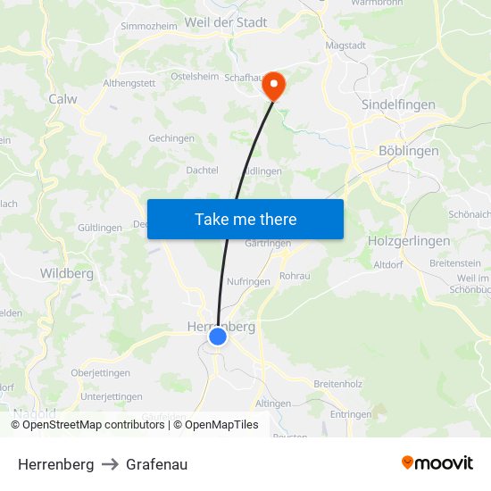 Herrenberg to Grafenau map