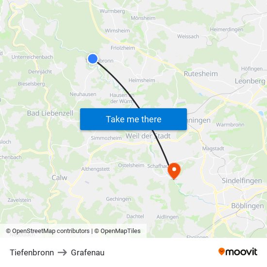 Tiefenbronn to Grafenau map
