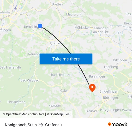Königsbach-Stein to Grafenau map