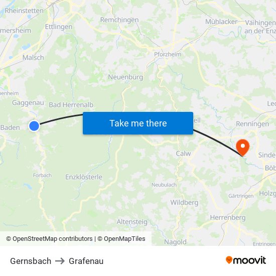Gernsbach to Grafenau map