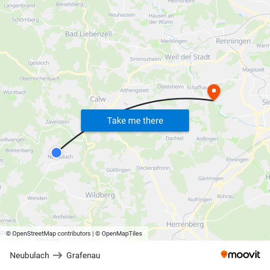 Neubulach to Grafenau map