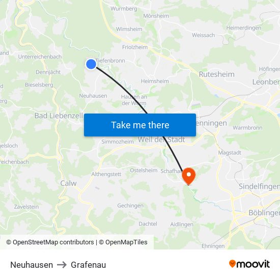 Neuhausen to Grafenau map