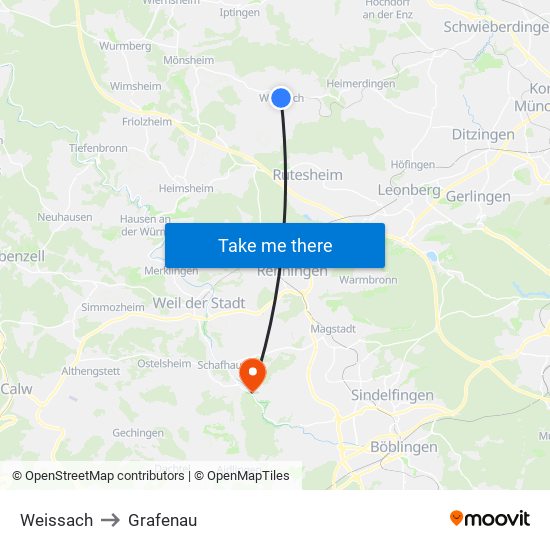 Weissach to Grafenau map