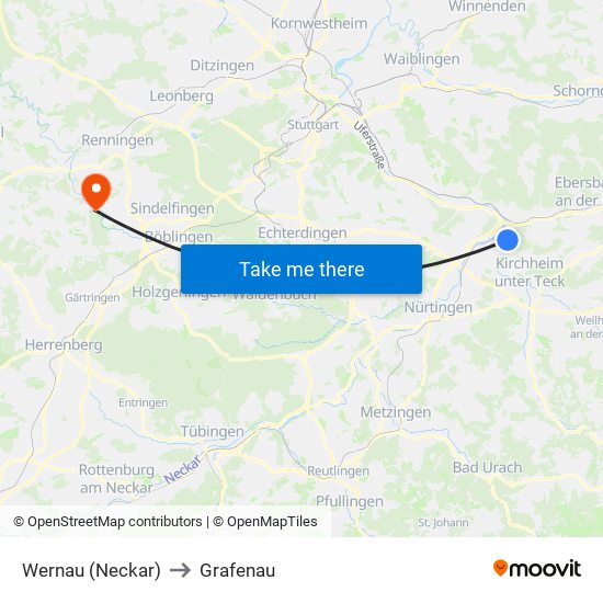 Wernau (Neckar) to Grafenau map