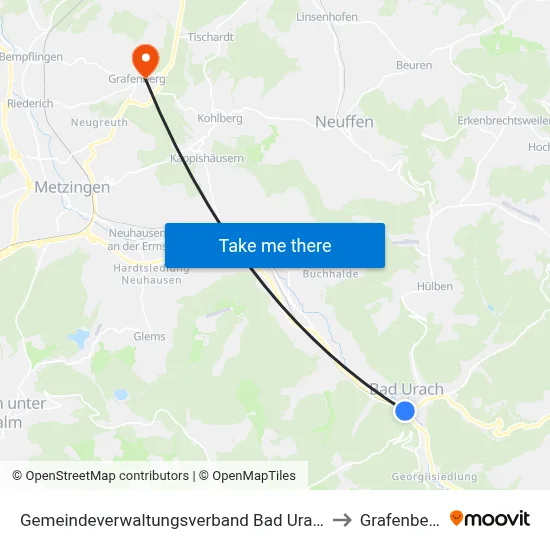 Gemeindeverwaltungsverband Bad Urach to Grafenberg map