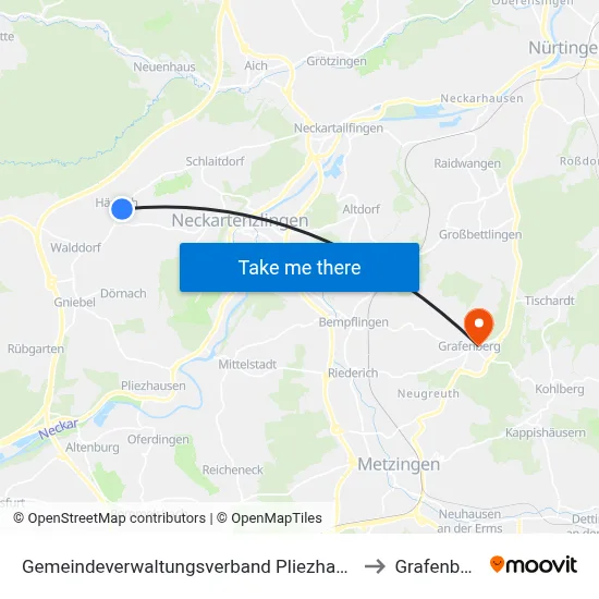 Gemeindeverwaltungsverband Pliezhausen to Grafenberg map