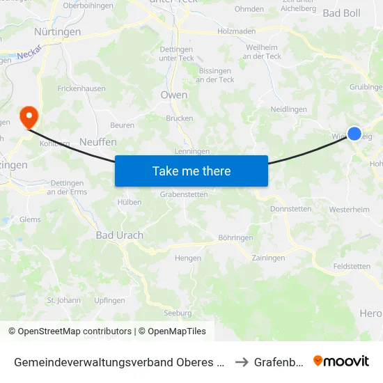 Gemeindeverwaltungsverband Oberes Filstal to Grafenberg map