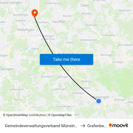 Gemeindeverwaltungsverband Münsingen to Grafenberg map