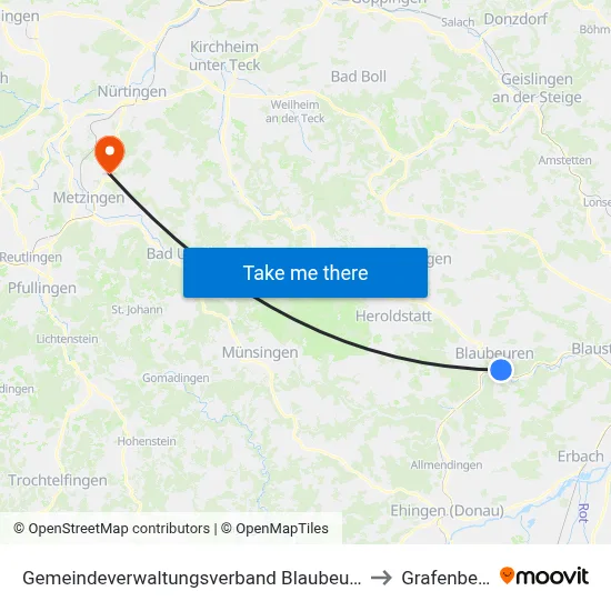 Gemeindeverwaltungsverband Blaubeuren to Grafenberg map