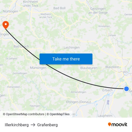 Illerkirchberg to Grafenberg map