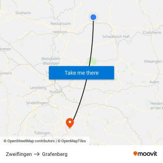 Zweiflingen to Grafenberg map