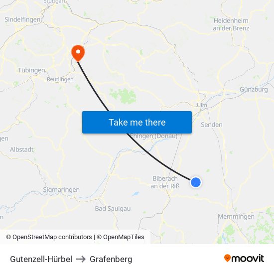 Gutenzell-Hürbel to Grafenberg map