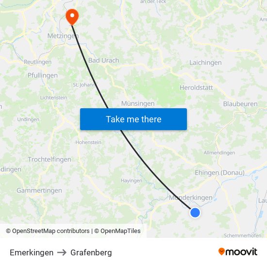 Emerkingen to Grafenberg map