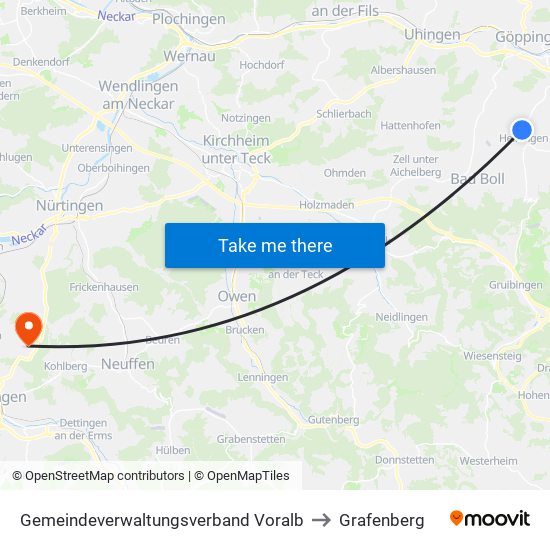 Gemeindeverwaltungsverband Voralb to Grafenberg map