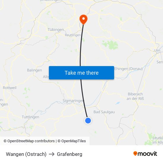 Wangen (Ostrach) to Grafenberg map