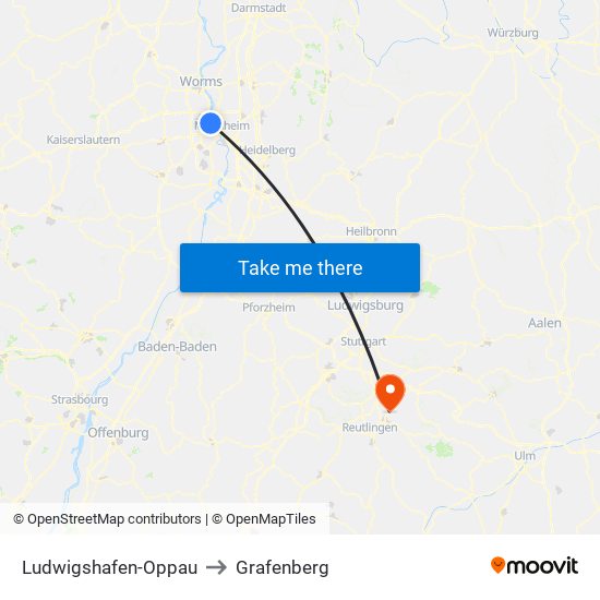 Ludwigshafen-Oppau to Grafenberg map