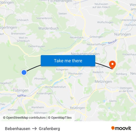 Bebenhausen to Grafenberg map