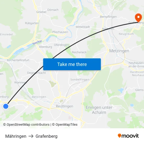 Mähringen to Grafenberg map