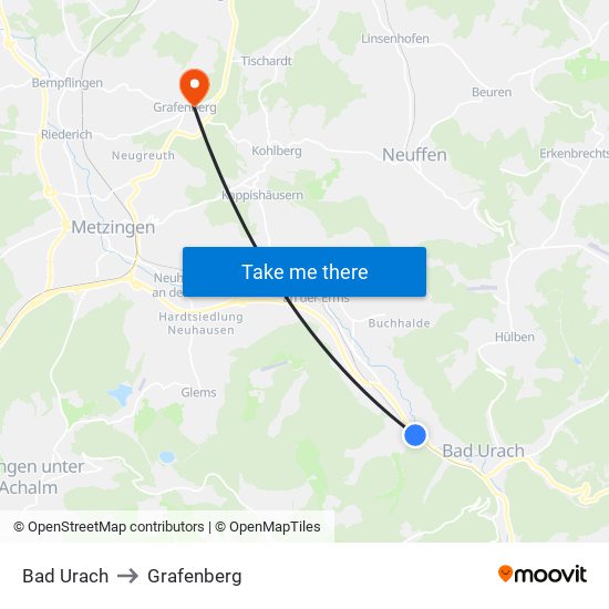 Bad Urach to Grafenberg map