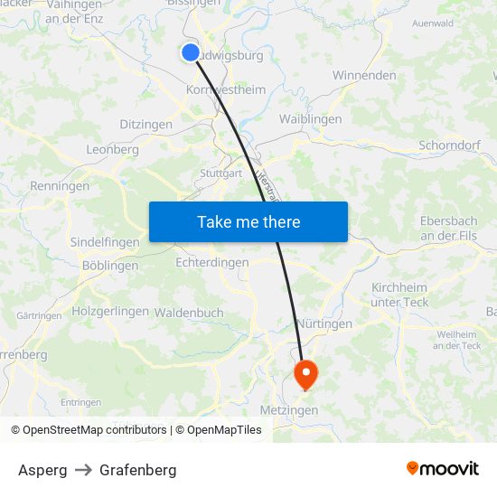 Asperg to Grafenberg map