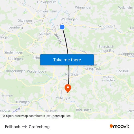 Fellbach to Grafenberg map