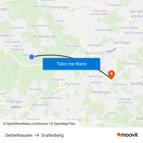 Dettenhausen to Grafenberg map