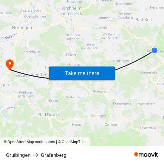 Gruibingen to Grafenberg map