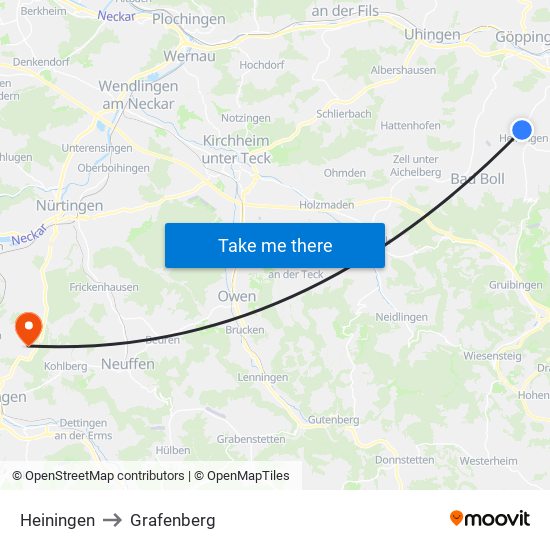 Heiningen to Grafenberg map