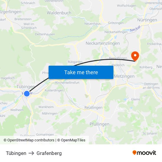 Tübingen to Grafenberg map