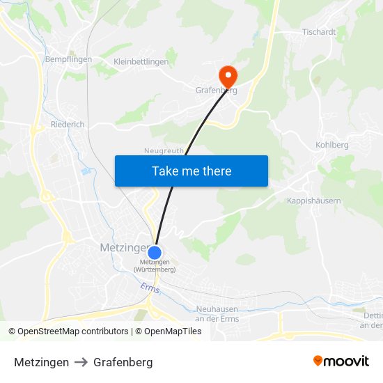 Metzingen to Grafenberg map