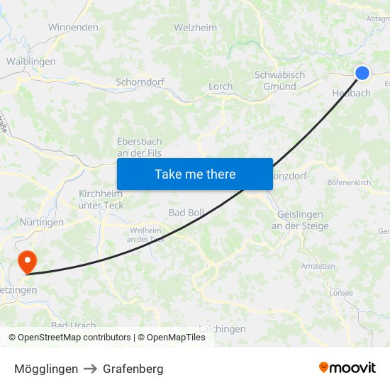 Mögglingen to Grafenberg map