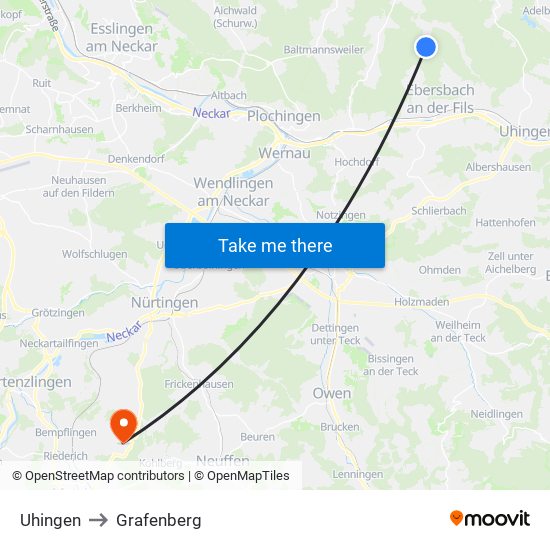 Uhingen to Grafenberg map