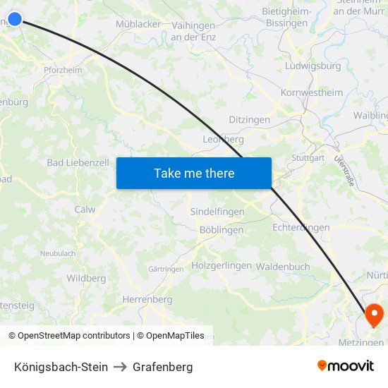 Königsbach-Stein to Grafenberg map