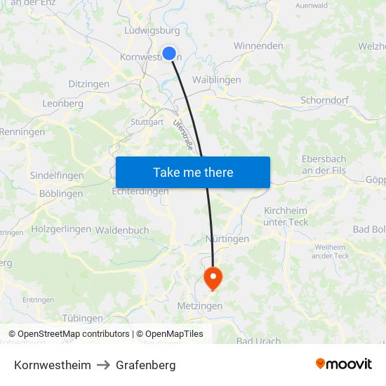 Kornwestheim to Grafenberg map