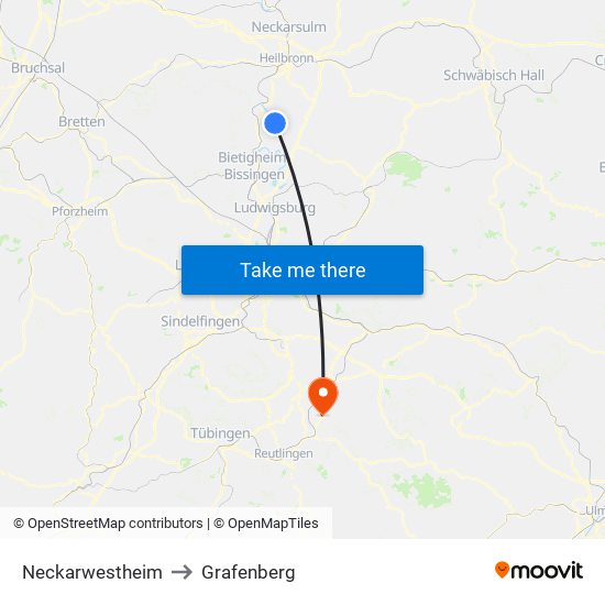 Neckarwestheim to Grafenberg map