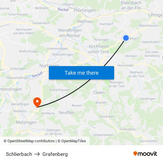 Schlierbach to Grafenberg map