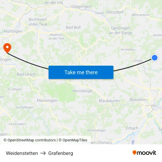 Weidenstetten to Grafenberg map