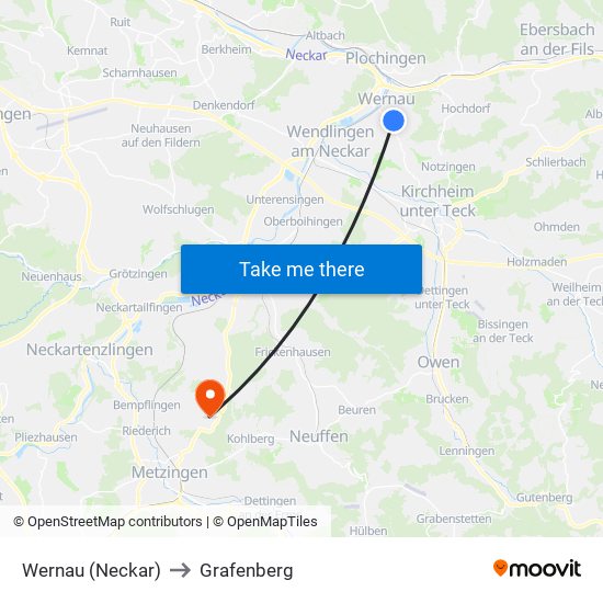 Wernau (Neckar) to Grafenberg map