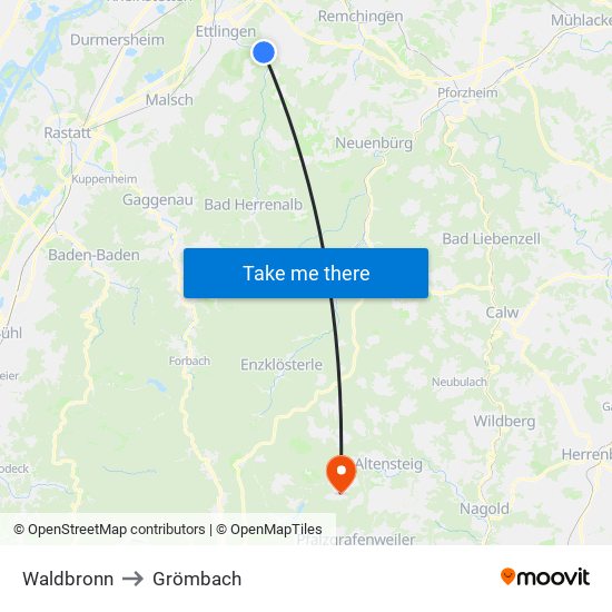 Waldbronn to Grömbach map