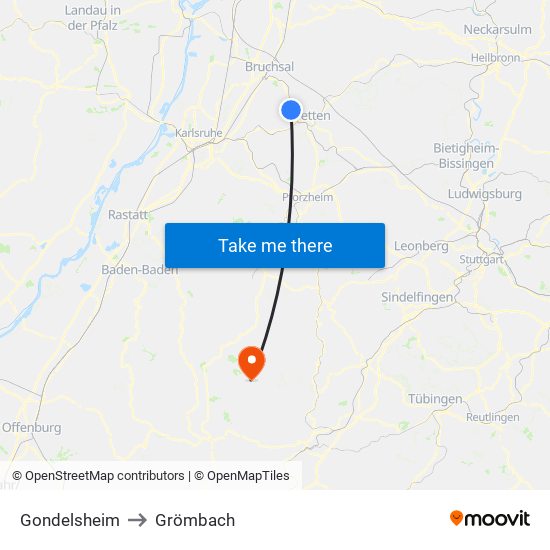 Gondelsheim to Grömbach map