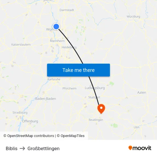 Biblis to Großbettlingen map